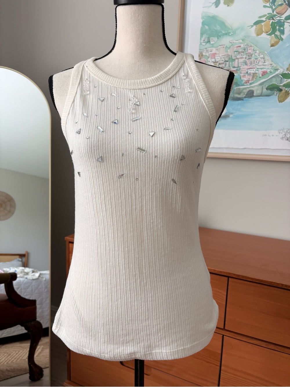 Zara Cream Ribbed Beaded Tank Top